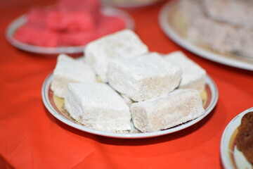 Aluwa, Avurudu, Traditional Sri Lanka Sinhala And Tamil New Year Sweets,  Sri Lanka Food, Aurudu Kama, South Asian Food. Close up of raw tahu putih or tofu in posalin plate