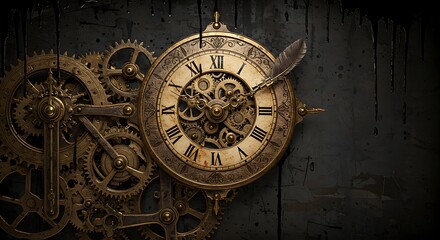 Naklejka premium Vintage Clock and Gears Illustration with Feather and Grunge Background