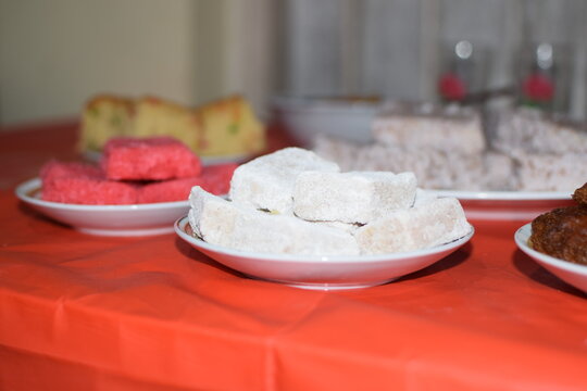 Aluwa, Avurudu, Traditional Sri Lanka Sinhala And Tamil New Year Sweets,  Sri Lanka Food, Aurudu Kama, South Asian Food. Close up of raw tahu putih or tofu in posalin plate