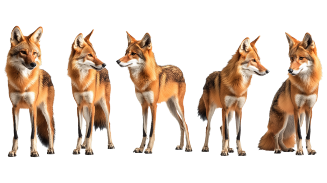 five different full-body poses of an Asian red fox in natural poses, from profile to side view