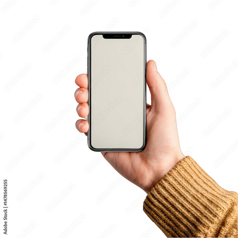 Poster hand holding modern smartphone with blank screen mockup design template for app presentation isolate