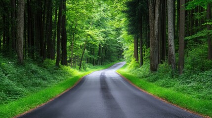 Fototapeta premium Peaceful Curved Road Surrounded by Lush Green Forest Landscape