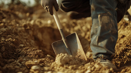 Close-up of a Person Digging with a Shovel in Dirt