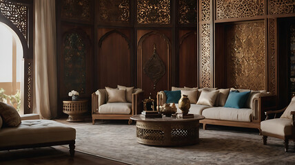 Luxurious living room interior featuring ornate wooden paneling and elegant furniture