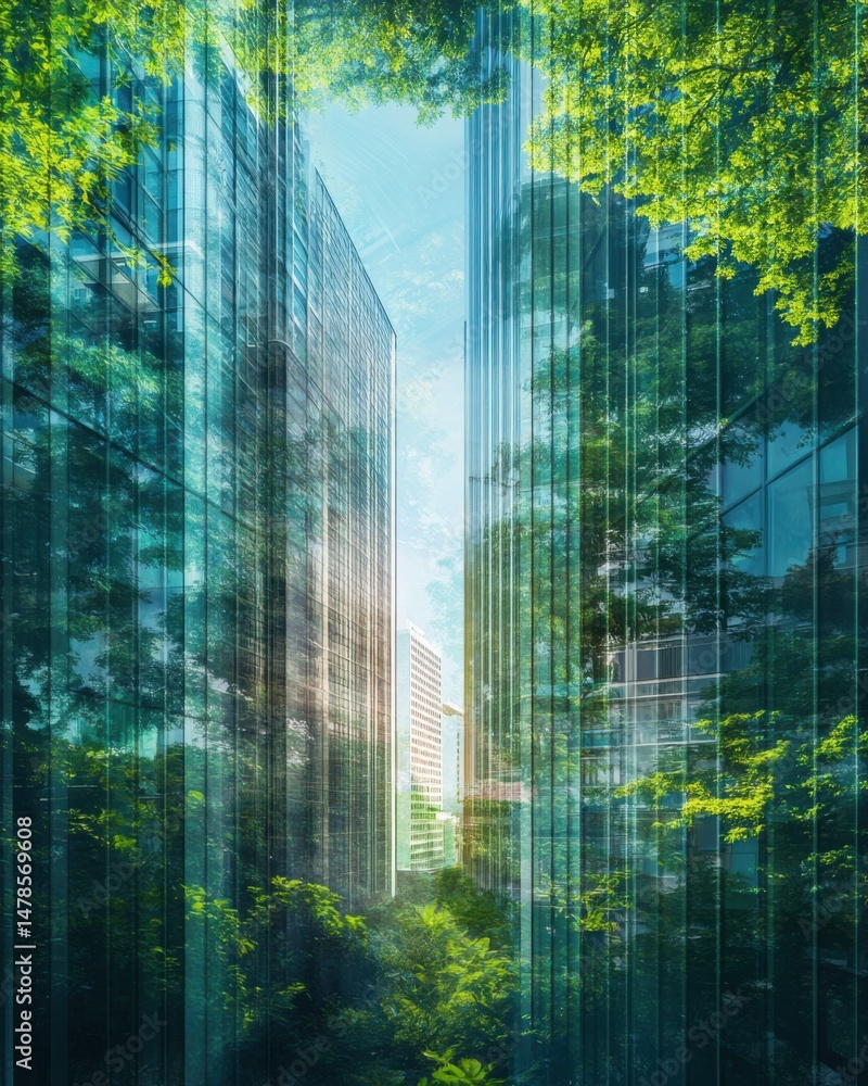Poster modern architecture blending with nature in urban setting, low angle view of skyscrapers and green t