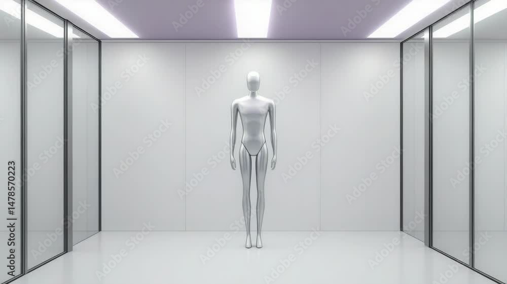 Poster mannequin standing in a minimalistic display space.