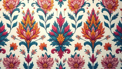 Intricate floral damask, repeating motif, soft hues , fabric, vector