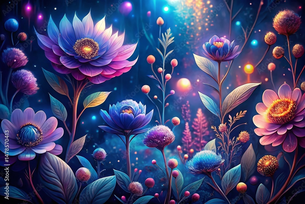 Poster magical night botanical drawing: repeating texture pattern with bokeh
