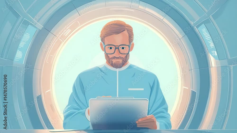 Poster a scientist using a tablet in a futuristic environment.