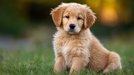 Golden puppy sitting in vibrant grass
