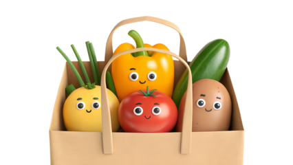Happy Vegetables in a Paper Bag: A cheerful 3D render of cartoon vegetables in a grocery bag.