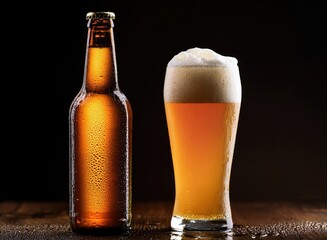 Cold craft beer bottle with water droplets and clean label, placed next to a frosty glass filled with golden beer and foamy head, dramatic lighting on dark background