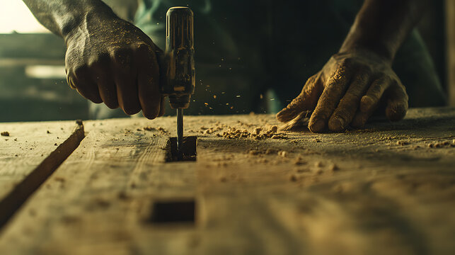 Carpenter Using a Drill to Make a Hole in Wood - Powered by Adobe