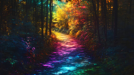 Fototapeta premium A forest path shimmering with colors of the rainbow spectrum. [Mirrored Realms] | Shimmer Path | light distortion. Illustration