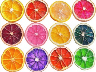 Obraz premium Colorful citrus fruit slices arranged in a grid pattern on a white background top down view vibrant and refreshing healthy food concept