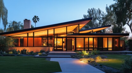Fototapeta premium Illuminated Modern House at Dusk