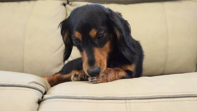  Parallax of Female Long-Haired Dachshund Chewing and Licking Paw