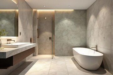 Sleek, modern bathroom with tiled walls and floor Luxury spa feel , floor tiles, water, renovation