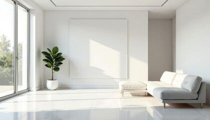 Fototapeta premium Sleek white walls, geometric decor, sparse furniture , style, minimalist design