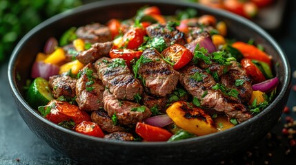 Grilled beef and vegetable medley in a bowl.  A vibrant mix of grilled meat and colorful vegetables