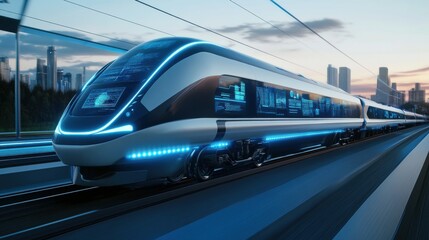 Naklejka premium Futuristic High-Speed Train with Digital Displays in Urban Setting