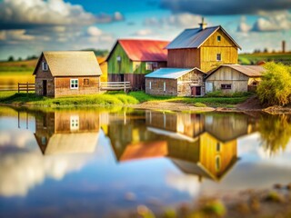 Obraz premium Miniature Farm Reflections in Polluted Water: Tilt-Shift Photography