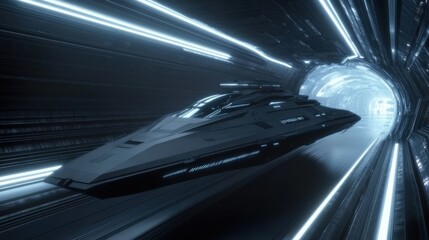 Fototapeta premium Futuristic spaceship traveling through a glowing sci-fi tunnel