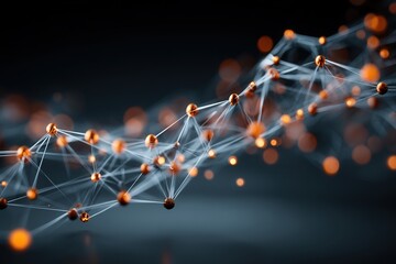 Abstract 3D render of a neural network with glowing AI nodes and floating data particles, connected in a digital web under cinematic lighting.