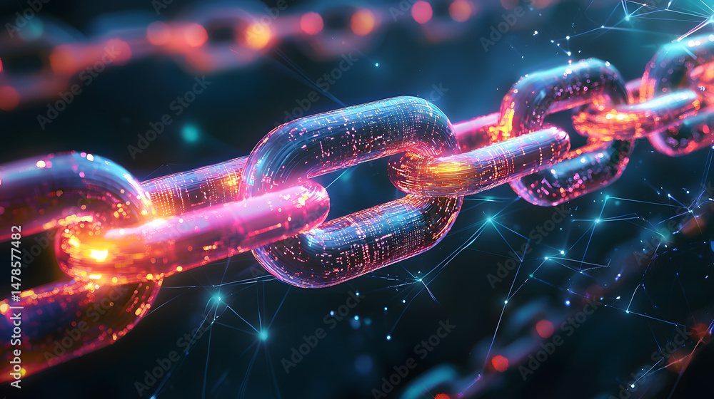 Poster glowing blockchain chains illuminate digital networks cyber space concept art virtual environment te