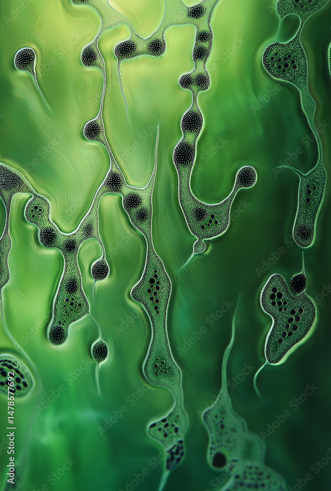 Poster high-resolution abstract green pattern resembling microscopic medical image of cells and organic mat