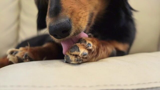 Close-up Parallax of Female Long-Haired Dachshund Licking and Chewing Paw