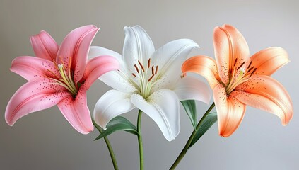 Three lilies with pink, white, and orange.