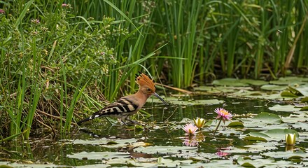 Hoopoe by the Water Lilies: A Moment of Tranquility