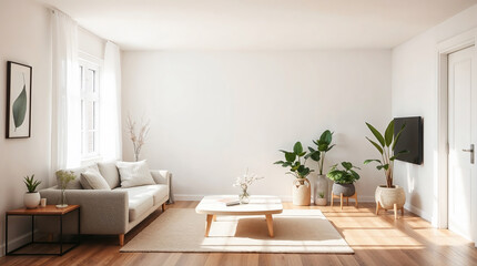 Fototapeta premium Bright, vibrant Scandinavian room, chiaroscuro lighting, neutral palette, wood floors, textured sofa, plants, airy atmosphere, high-res.