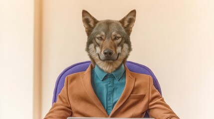 Obraz premium Wolf in Business Suit Office Portrait AI Generated Minimalist