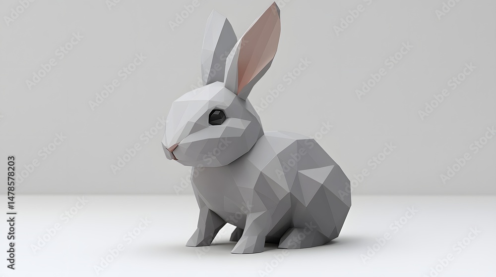 Poster low-poly polygonal rendering of a light gray rabbit.