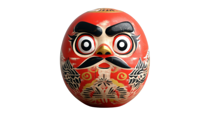 Red daruma doll with black mustache and eyebrows isolated on a black background