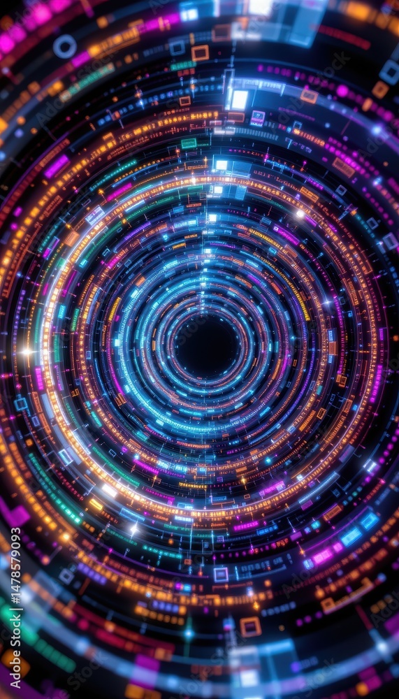 Poster colorful abstract spiral design representing technology and data flow with vibrant lights