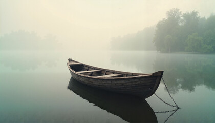 Obraz premium Lonely boat floating on misty lake 