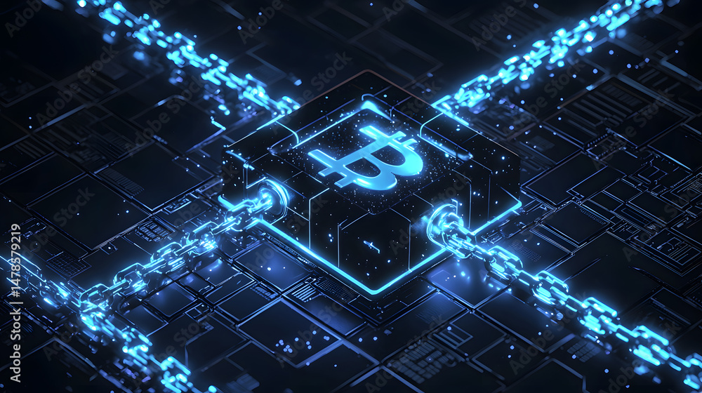 Poster exploring glowing blockchain chains digital realm visual art futuristic technology cyber perspective