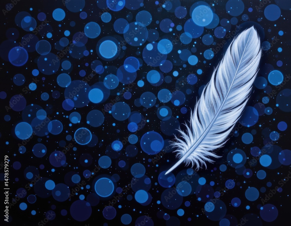 Poster delicate white feather floating against a dark blue bokeh background with soft lights