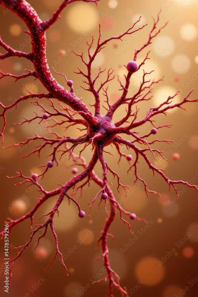 Poster detailed neuron structure with branching axons and dendrites set against a bright bokeh background