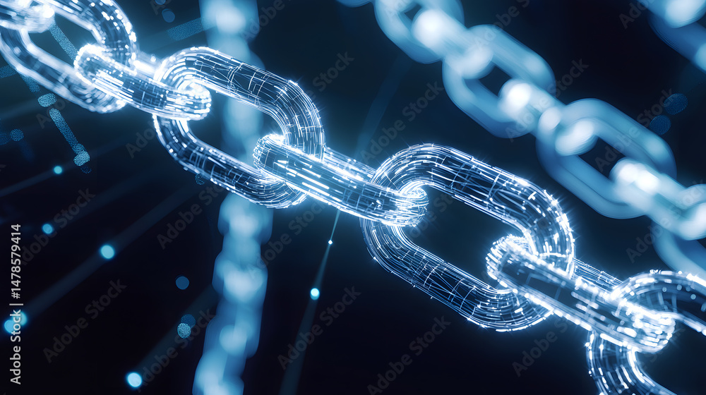 Poster illuminating blockchain chains digital realm graphic art minimalist design abstract viewpoint futuri