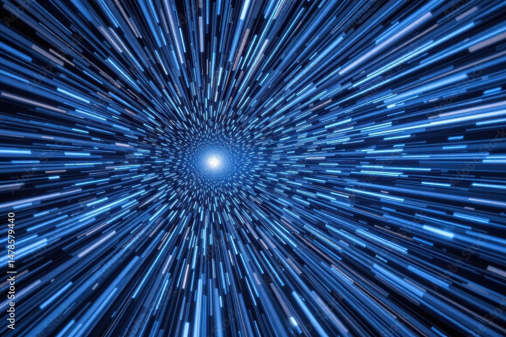 Poster dynamic abstract visualization of light trails and sparkling particles in a vibrant blue background