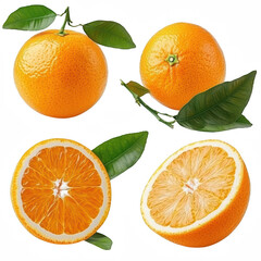 Fresh, Juicy Oranges With Green Leaves And Sliced Halves Isolated On Transparent Background