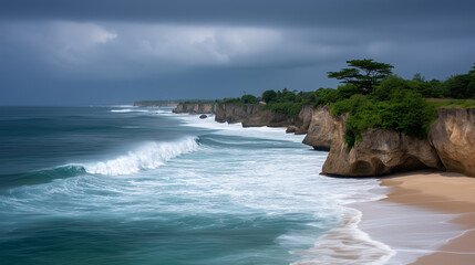 Obraz premium Dramatic coastal cliffs meeting pristine black sand beach
