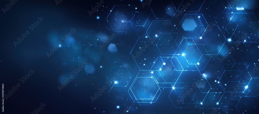 Poster abstract digital network design of glowing hexagons.