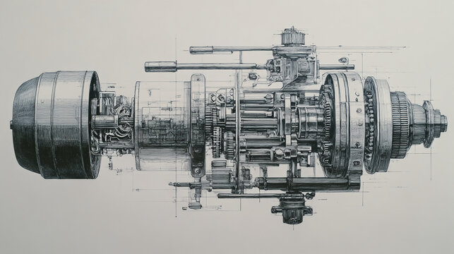 Detailed technical drawing of complex machinery engine design blueprint mechanical engineering artwork