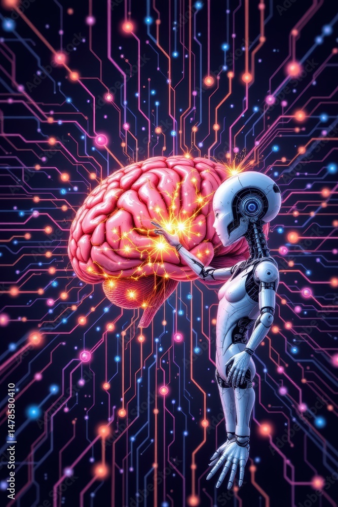 Poster futuristic robot interacting with a colorful brain amidst circuit connections and digital energy pat
