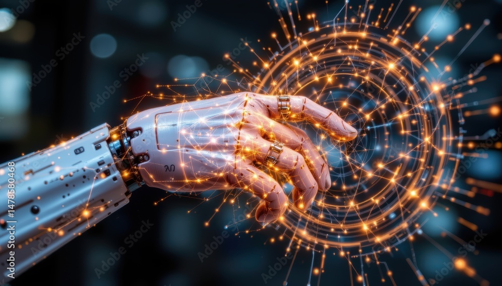 Poster futuristic robotic hand reaching out to create sparkling energy waves in a digital environment